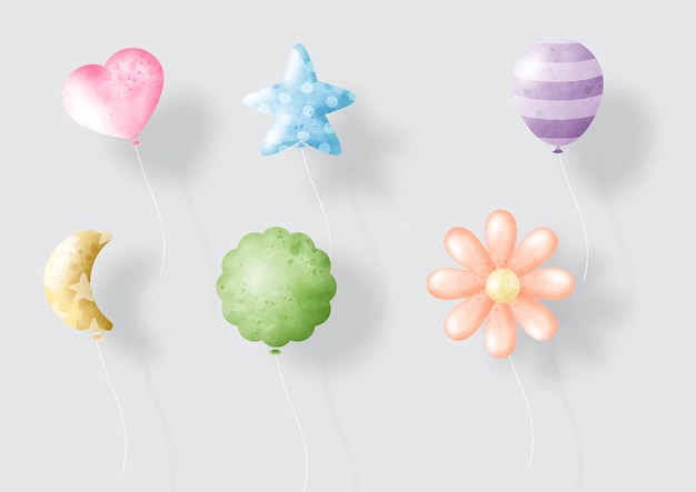 Ensemble de ballon en 3d et style de couleurs de l'eau sur fond de papier blanc