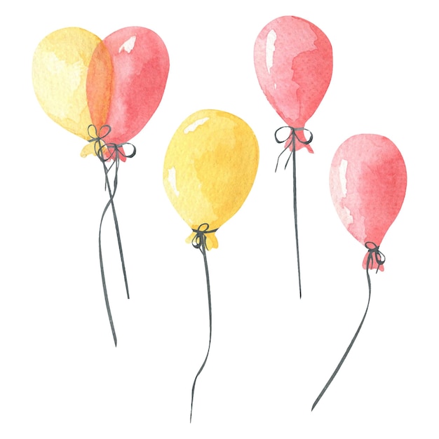 ensemble de ballons rouges et jaunes dessinés à la main aquarelle