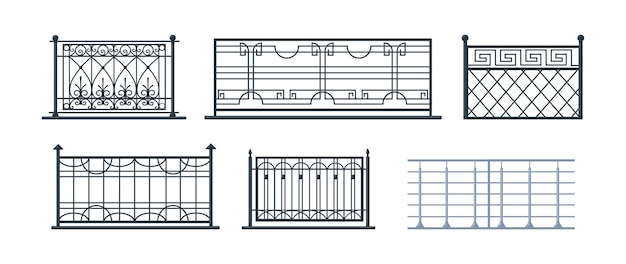 Vecteur ensemble de balustrade de balcon. façade à balcons de maison moderne vintage ou entrée de porte dans un territoire privé, clôtures de terrasse. balustrade de rampe de construction en acier et en fer forgé pour le territoire de l'escrime