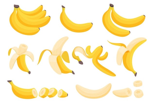 Vecteur ensemble de bananes fruits jaunes tropicaux peau de banane coupée pelée illustration vectorielle