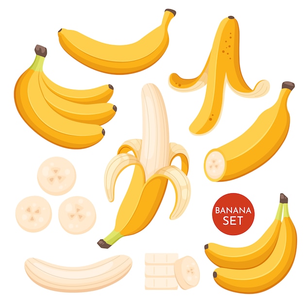 Ensemble de bananes illustration jaune dessin animé. Single, écorce de banane et grappes de fruits frais de banane.