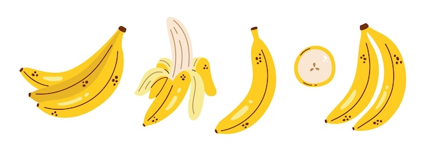 Ensemble De Bananes Vectorielles Jolie Collection Avec Des Bananes Banane Pelée Banane Et Tranche De Banane Fruits Tropicaux