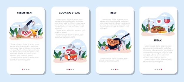 Ensemble De Bannière D'application Mobile De Steak. Les Gens Cuisinent De Délicieuses Viandes Grillées Dans L'assiette. Délicieux Bœuf Barbecue. Repas De Restaurant Rôti.