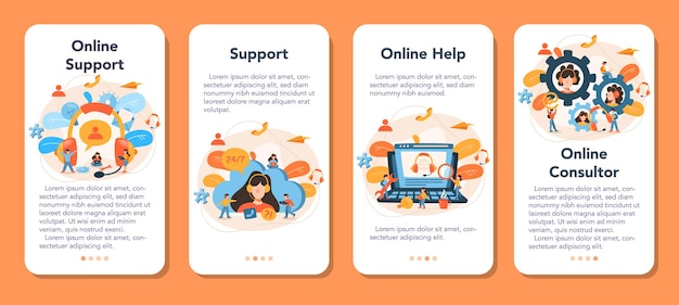 Ensemble De Bannière D'application Mobile De Support Technique. Idée De Service Client. Le Consultant Accompagne Les Clients Et Les Aide à Résoudre Leurs Problèmes. Fournir Au Client Des Informations Précieuses.