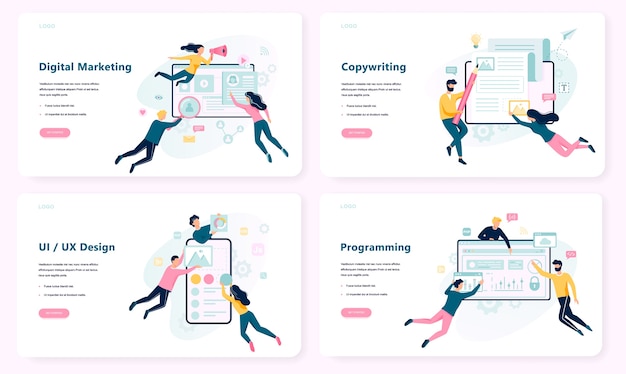 Ensemble De Bannière De Concept De Marketing Numérique. Communication Sur Les Réseaux Sociaux Et Les Médias. Seo, Sem Et Promotion En Ligne. Rédaction, Ui Ux. Illustration Avec Style