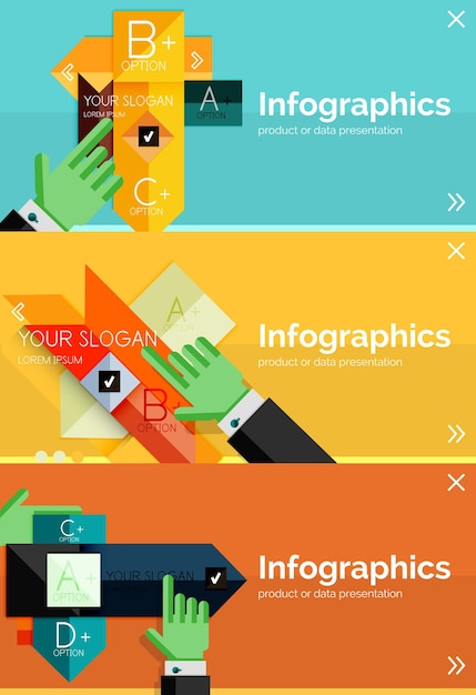 Vecteur ensemble de bannière design plat infographique avec les mains