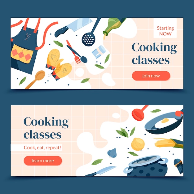Ensemble de bannière de dessin animé dessiné à la main d'éléments de cuisine