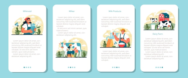 Ensemble De Bannières D'applications Mobiles De Ferme Laitière Laitière Traire Une Vache