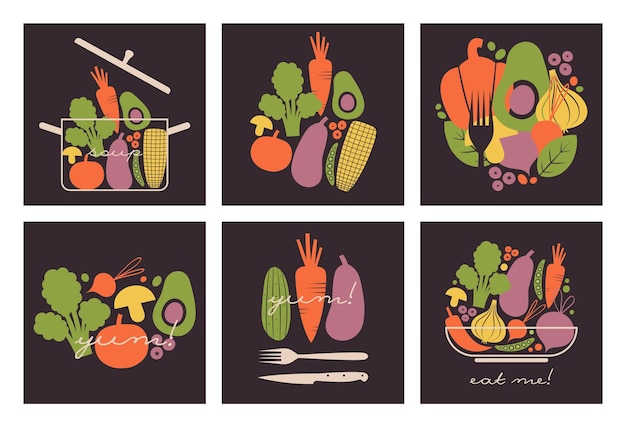 Ensemble De Bannières Carrées Avec Illustrations Plates De Légumes, Baies, Produits, Poêle, Ustensiles De Cuisine.