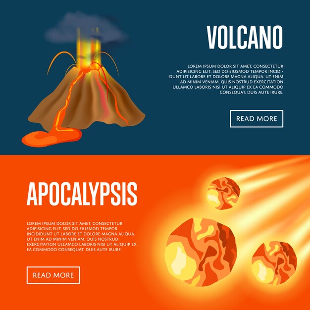 Ensemble De Bannières D'éruptions Volcaniques Et De Météorites Apocalypse