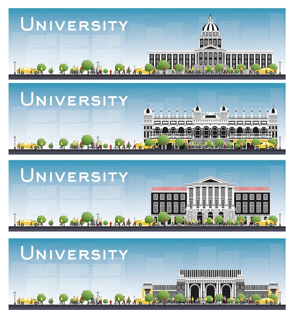 Ensemble De Bannières D'étude De Campus Universitaire. Illustration Vectorielle. Les étudiants Vont Au Bâtiment Principal De L'université. Skyline Avec Ciel Bleu Et Arbre Vert. Bannière Avec Espace De Copie.