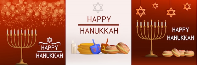 Ensemble De Bannières Hanukkah. Illustration Réaliste De La Bannière De Vecteur De Hanukkah Pour La Conception Web