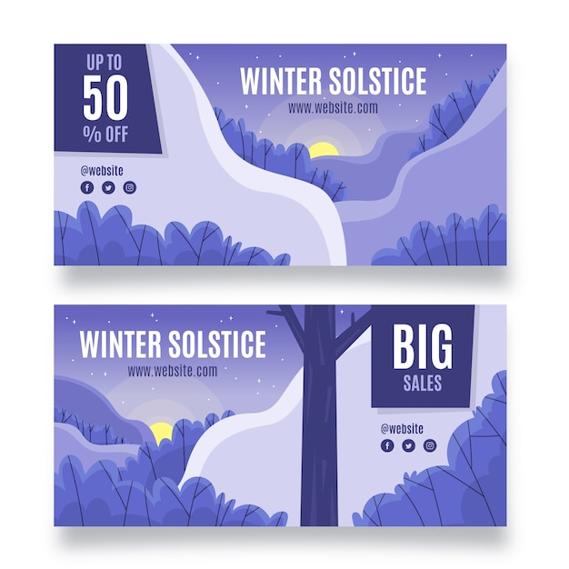 Ensemble de bannières horizontales de solstice d'hiver plat dessinés à la main