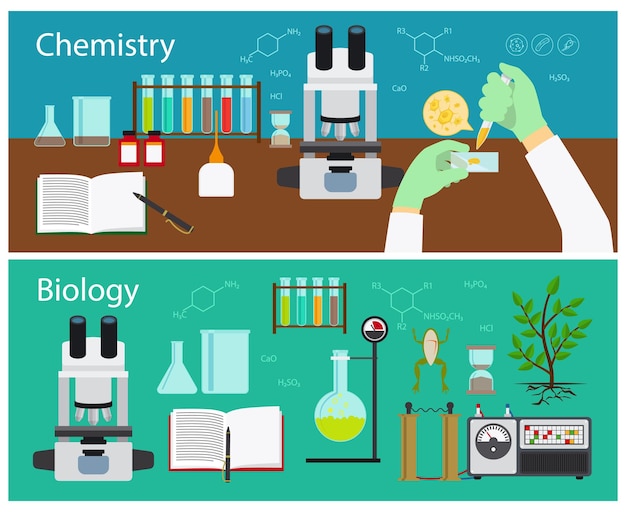 Vecteur ensemble de bannières de recherche en chimie et biologie