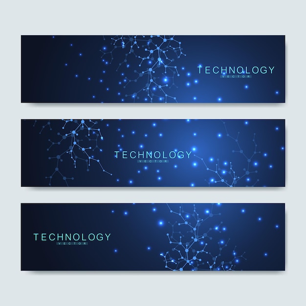 Ensemble de bannières scientifiques modernes. Structure de molécule de fond abstrait virtuel futuriste moderne pour la médecine, la technologie, la chimie, la science. Modèle de réseau scientifique, lignes et points de connexion.
