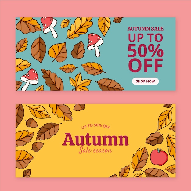 Vecteur ensemble de bannières de vente d'automne horizontales dessinées à la main