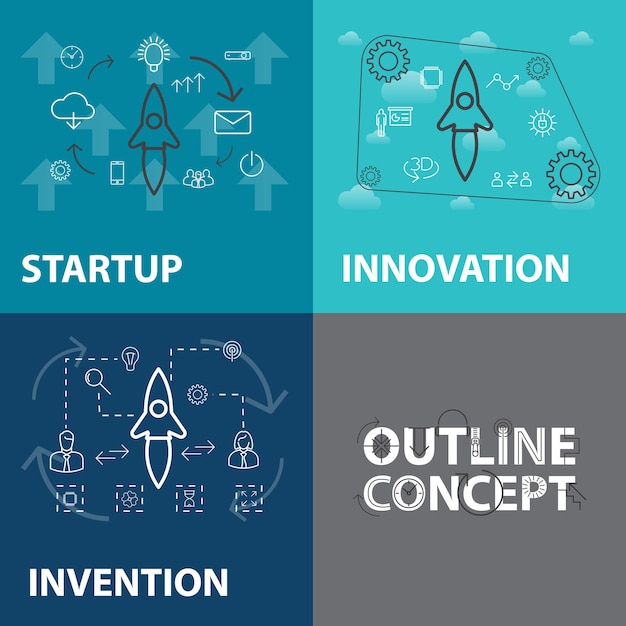 Ensemble De Bannières Web à La Mode Pour Le Démarrage, L'innovation Et L'invention. Les Concepts Vectoriels De Style De Contour Peuvent être Utilisés Pour La Conception Web, La Conception De Bannières Et La Conception Graphique.