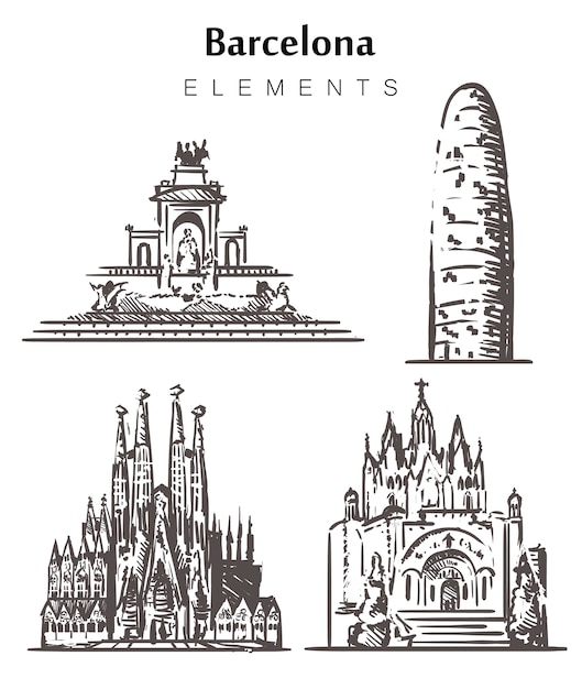 Vecteur ensemble de bâtiments de barcelone dessinés à la main