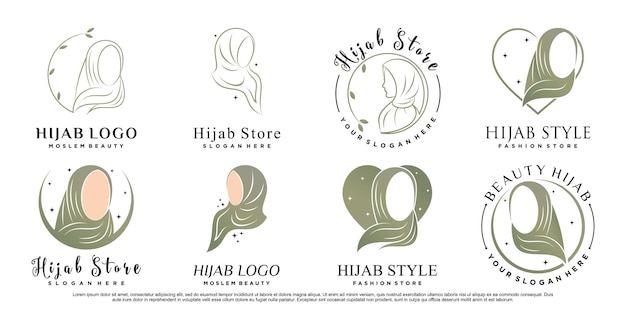 Ensemble De Beauté Femme Musulmane Logo Portant Hijab Vecteur Premium