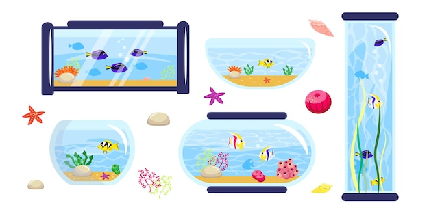 Ensemble De Beaux Aquariums Avec Des Poissons En Style Dessin Animé Illustration Vectorielle D'aquariums Pour Les Intérieurs De Restaurant Et De Bureau Avec Des Poissons Tropicaux Roches Algues Récifs Coquilles Sur Fond Blanc