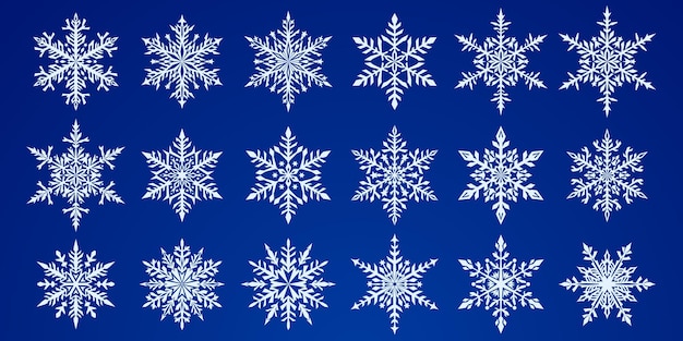 Vecteur ensemble de beaux flocons de neige de noël complexes blancs sur fond bleu