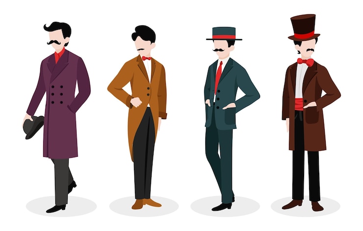 Vecteur ensemble de beaux messieurs isolés sur fond blanc illustration vectorielle d'hommes élégants à moustaches vêtus de costumes classiques manteaux avec nœuds et cravates avec chapeaux dans le style des dessins animés