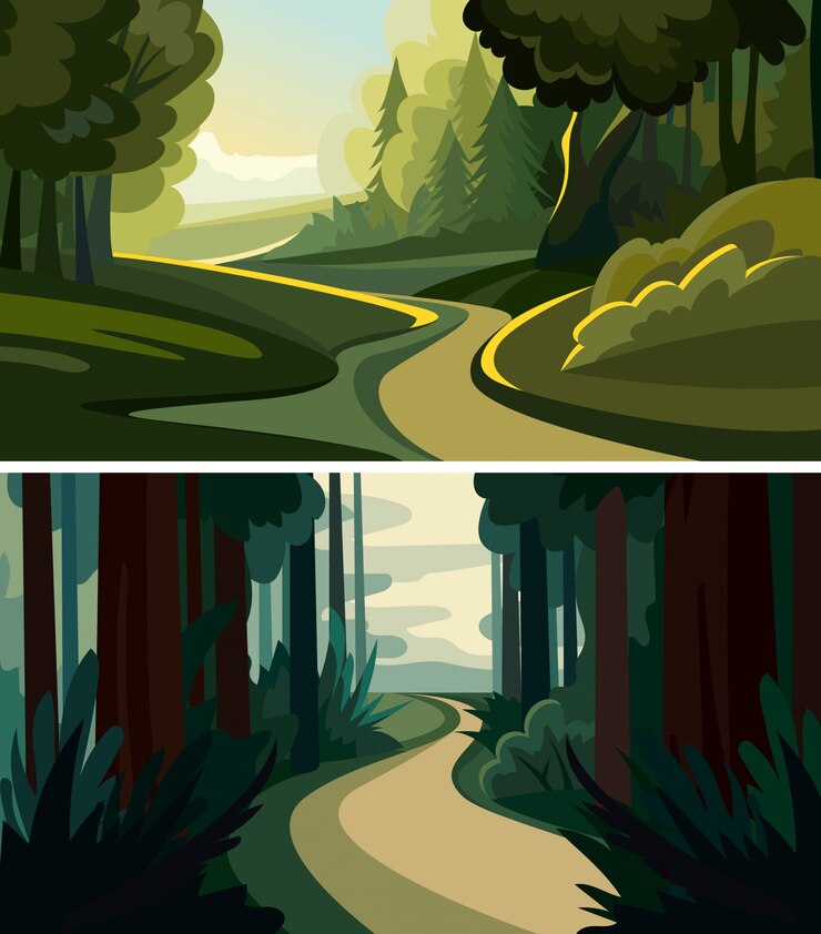 Vecteur ensemble de beaux paysages forestiers. des paysages naturels en style cartoon.
