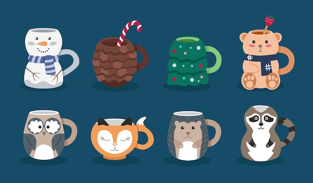 Vecteur un ensemble de beignets mignons en forme d'animaux, des tasses de noël pour les enfants.