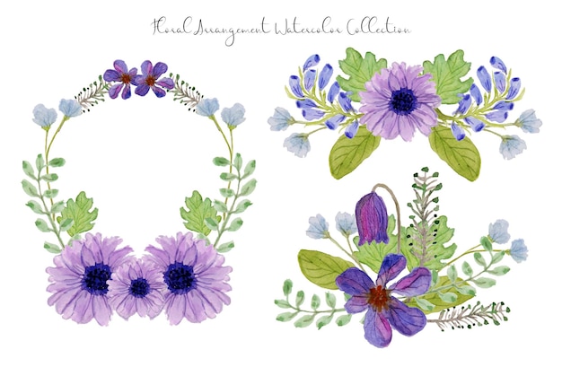 un ensemble de belle aquarelle d'arrangement de fleurs violettes dessinées à la main