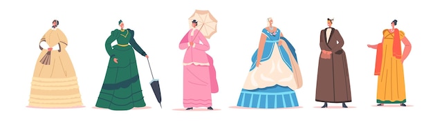 Ensemble de belles dames du 19ème siècle en robes élégantes chapeaux et accessoires femmes victoriennes anglaises ou françaises isolées