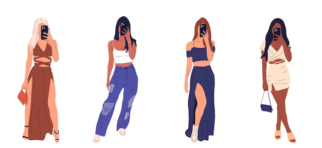 Ensemble de belles jeunes femmes dans des vêtements à la mode se décolle sur un smartphone. Dessiné à la main