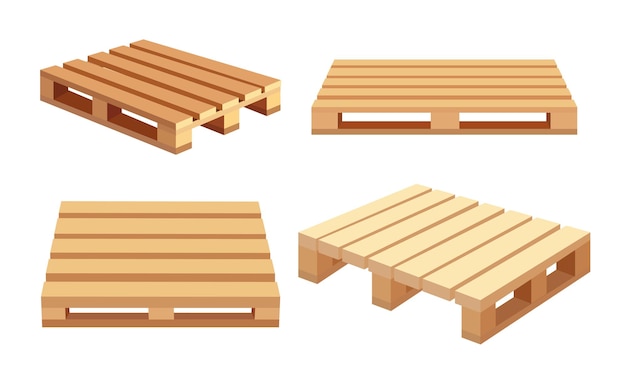 Ensemble de belles palettes en bois dans le style de dessin animé Illustration vectorielle de palettes de bois dans différents angles coin avant isolé sur un fond blanc Palettes pour le transport de marchandises