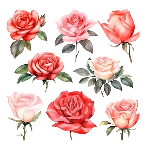 Ensemble de belles roses aquarelles