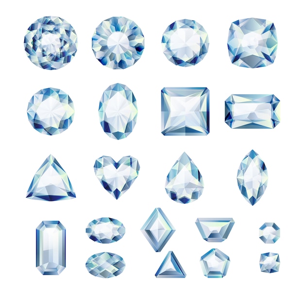 Ensemble de bijoux blancs réalistes. Pierres précieuses colorées. Diamants sur fond blanc.