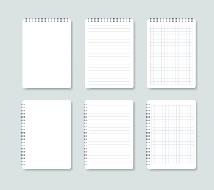Vecteur ensemble de bloc-notes ouvert. feuilles de cahier en ligne et en cage.