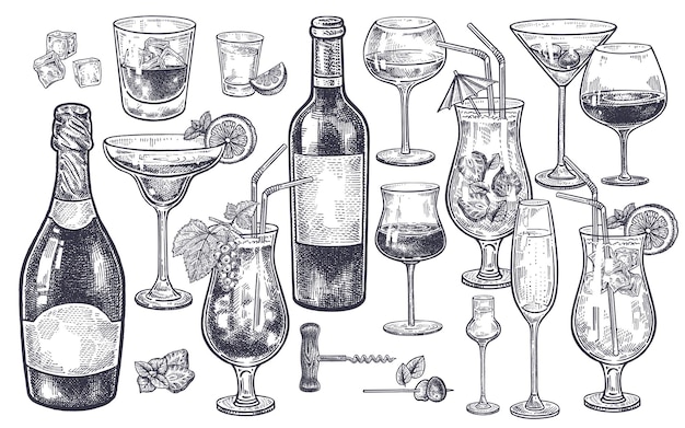 Vecteur ensemble de boissons alcoolisées bouteilles avec verres à vin et champagne cocktails boissons et tire-bouchon