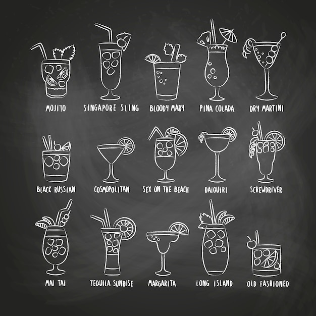 Vecteur ensemble de boissons avec les noms des boissons cocktails sur un tableau noir