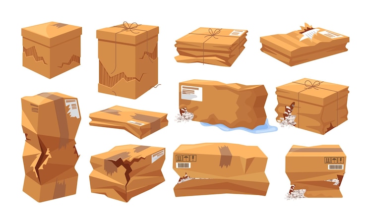 Vecteur ensemble de boîtes en carton endommagées de différentes tailles et formes avec des signes d'usure et de déchirure trous rides illustration