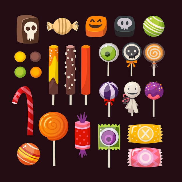 Vecteur ensemble de bonbons colorés d'halloween pour les enfants. bonbons de vecteur décorés d'éléments d'halloween.