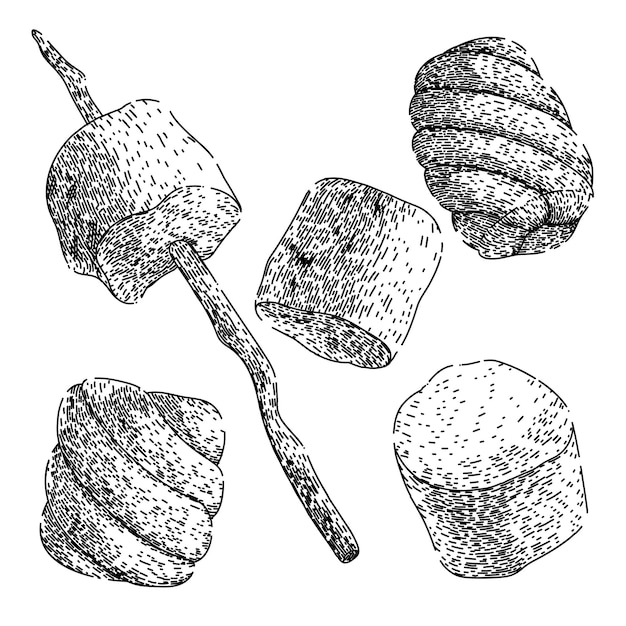 Vecteur ensemble de bonbons à la guimauve dessinés à la main, nourriture sucrée, forme de vacances, sucre, bonbons à la guimauve, croquis vectoriel isolé, illustration noire