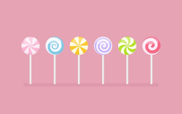 Ensemble de bonbons sucrés sucette de couleur pastel avec divers motifs. Illustration vectorielle sur fond rose