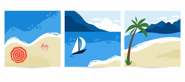 Ensemble de bord de mer Montagnes de sable et yacht de l'océan et palmier Paysage paradisiaque vacances d'été carte carrée fond de voyage Affiche ou bannière de station balnéaire tropicale Illustration de plage vectorielle