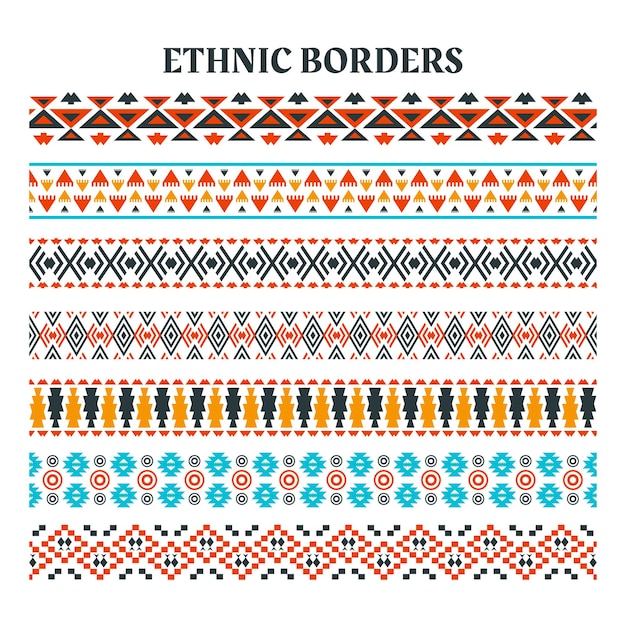 Ensemble de bordure de bandes d'éléments ethniques, motifs de bandes ethniques, bordures ethniques faites à la main avec des rayures