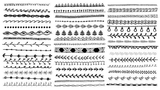 Ensemble de bordure de ligne dessinée à la main de vecteur et élément de conception de gribouillis. Modèle de mode vintage. Illustration. Collection de griffonnages à la mode. Bohème, style tribal