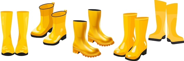 Vecteur ensemble de bottes jaunes illustrations vectorielles chaussures chaussures en caoutchouc jaune dans différents styles différents