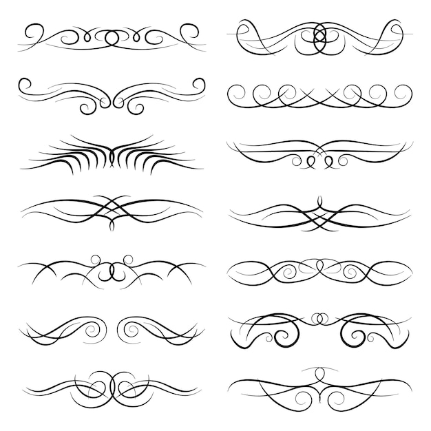 Ensemble de boucles décoratives vintage tourbillonne monogrammes et bordures calligraphiques Éléments de conception de dessin au trait en couleur noire sur fond blanc Illustration vectoriellexA