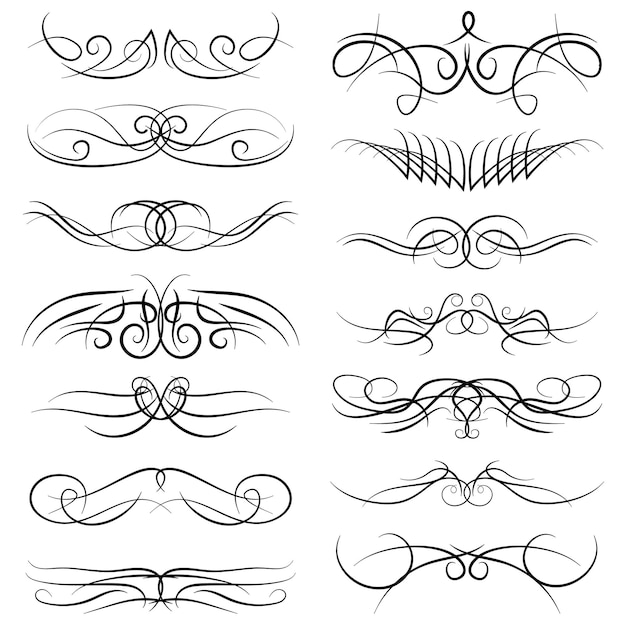 Ensemble de boucles décoratives vintage, tourbillons, monogrammes et bordures calligraphiques. Éléments de conception de dessin au trait en couleur noire sur fond blanc. Illustration vectorielle.
