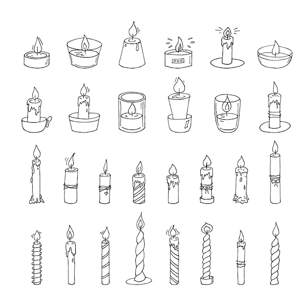 Vecteur ensemble de bougies allumées illustration doodle clipart dessinés à la main pour la création de logo de carte