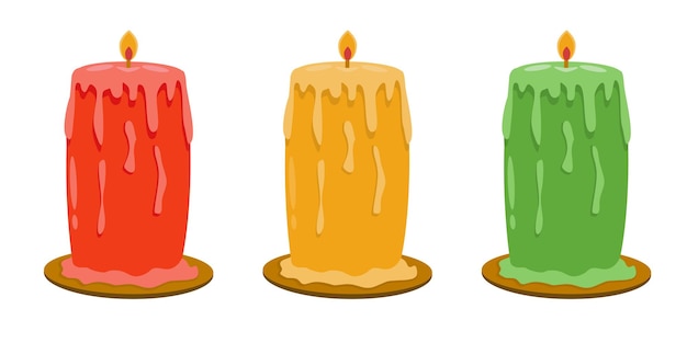 Vecteur un ensemble de bougies épaisses d'automne lumineuses pour la maison en jaune rouge et vert dans un style plat
