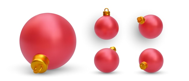 Ensemble De Boule De Noël Rouge Réaliste Isolé Sur Fond Blanc Décorations De Noël Illustration Vectorielle